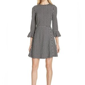 Kate Spade Houndstooth Ponte Midi Dress Bell Sleeve Black White Sz M Elegant